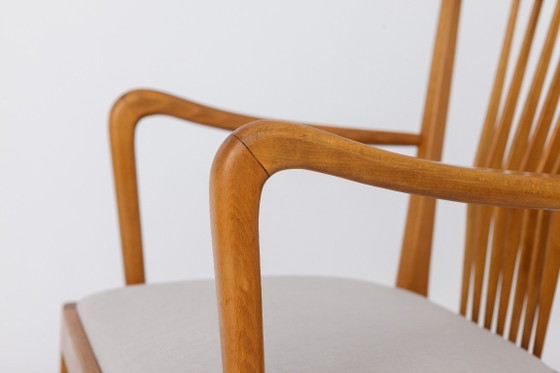 Vintage 1950s German Armchair | Solid Beech Wood | Newly Upholstered Chair – Dining chairs, Textile (photo 6 of 10)