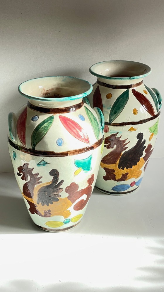 Image 1 of Italian Majolica Vases with Dragon Motif