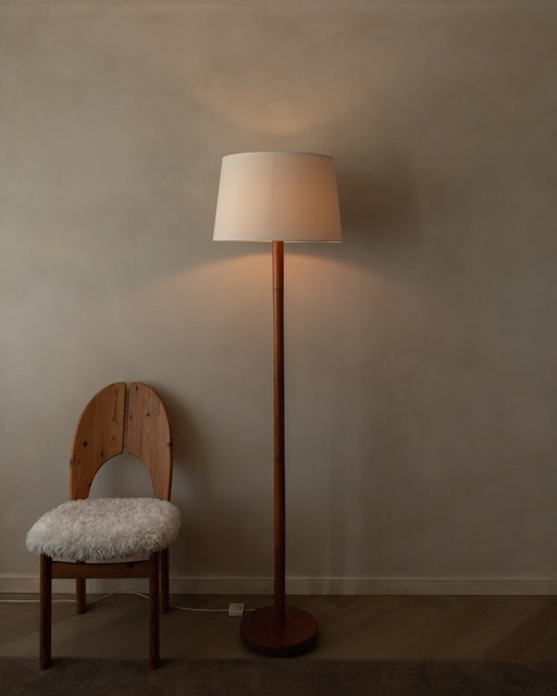 Lampada da terra vintage in teak con paralume in tessuto | Lampada da terra in stile scandinavo moderno | Anni '60-'70