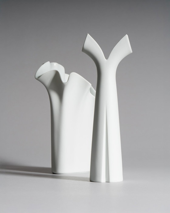 Image 1 of Rosenthal Duo: Sculptural White Porcelain Icons by Lino Sabattini candleholder & Claus Josef Riedel Tulip Vase