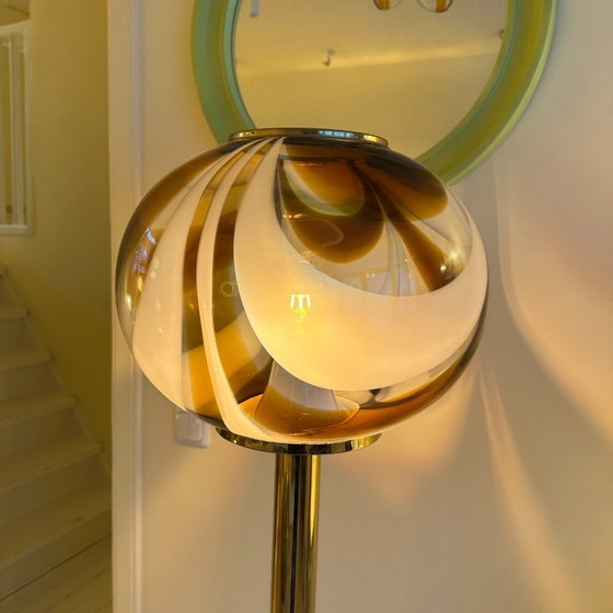 Image 1 of Italian Murano amber swirl glass globe floor lamp on brass base
