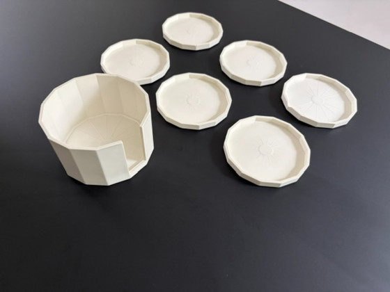 Image 1 of Vintage plastic coasters with holder | Set of 6 | Geometric | Cream