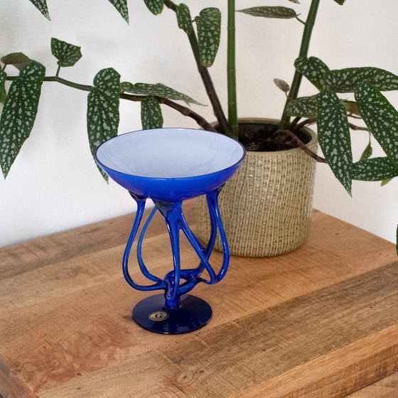Image 1 of Cobalt blue glass vase in the shape of a jellyfish: hand-blown Polish glass, Josefina Krosno style