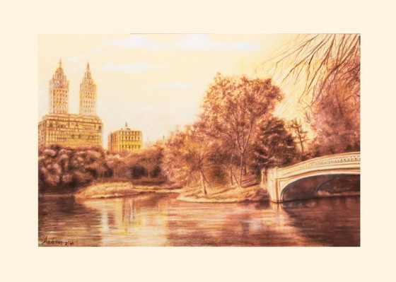 Image 1 of Drawing of Central Park. Central Park picture signed by the artist. Hand-drawn sepia drawing of Central Park. New.