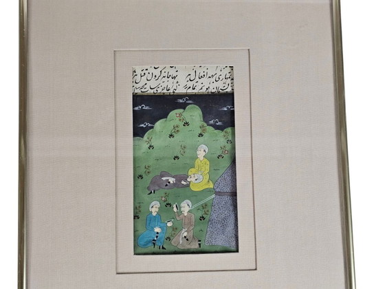 Image 1 of Watercolor - Manuscript - Antiek - Indo - Perzisch - Handgeschept Papier - Miniaturen (3) - Handgeschreven Teksten - 19e Eeuw