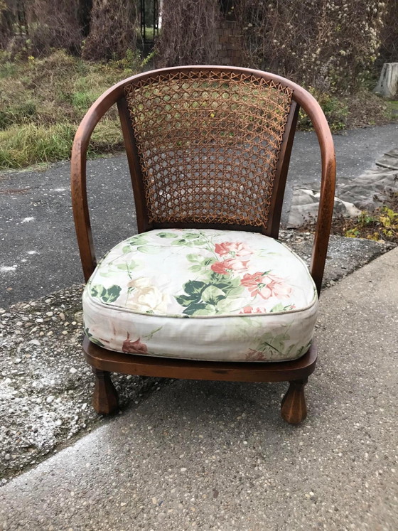 Vintage Floral Fabric and Wood Armchair, 1950s, Brown, Mid Century Modern (photo 4 of 9)