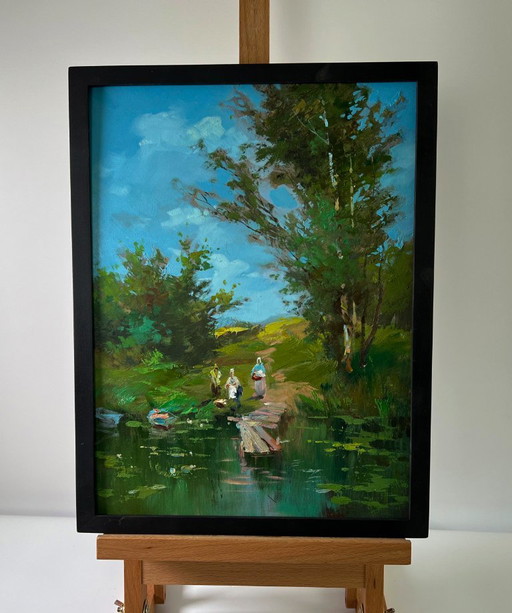 Original Oil Painting Summer River Landscape At the Village Shore – schilderijen tekeningen, Mdf (photo 2 of 9)
