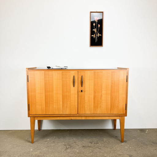 Small sideboard by WK Möbel, light veneer with black glass top, 1950s