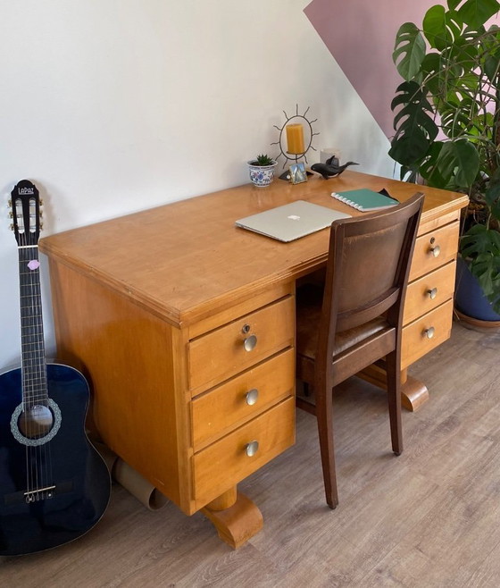 Bureau, lichtbruin hout, Metaal, Vintage (foto 2 van 5)