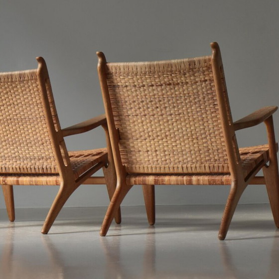 Image 1 of Zeldzaam Paar 1950 Deense Lounge Stoelen, Eiken & Rotan Rieten Weefsel, Mid Century Modern Inzamelbaar Zitmeubilair