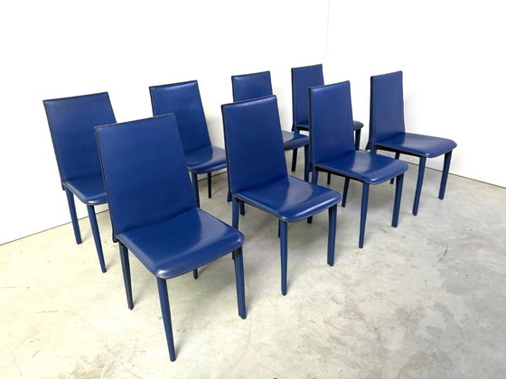 Blue Leather Dining Chairs by Fasem, 1980s - Set of 8 (photo 9 of 13)