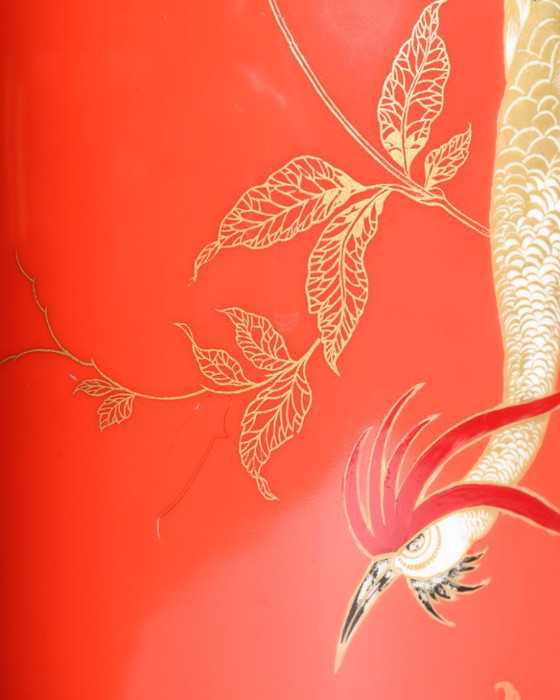 Image 1 of Rosenthal Porcelain Floor Vase Chinoiserie Phoenix Decor Red & Gold Germany 1938