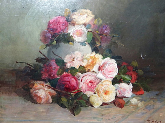 Image 1 of Large antique oil painting on canvas, bouquet of roses, signed, circa 1890-1910