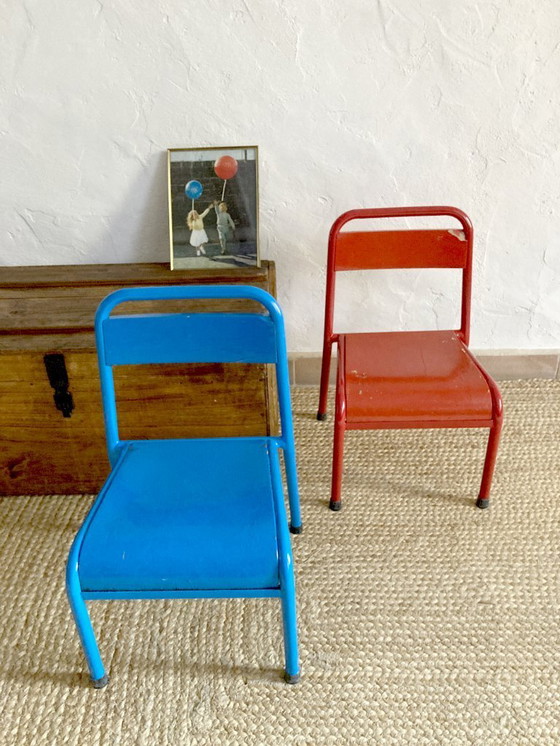 Image 1 of Pair of Mullca nursery chairs in metal and wood painted red and blue, 1950s