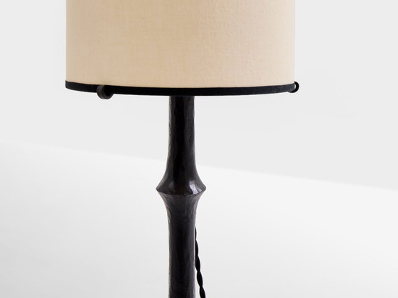 Francis Dewaele & Les Artisans de Marolles smeedijzeren lamp 1955, Tafellampen, Metaal, Textiel, Zwart (foto 6 van 10)