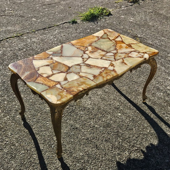 Image 1 of  French Vintage Onyx Marble and Brass Coffee Table -Marble Cocktail Table-Lounge Table-Baroque Style-60s