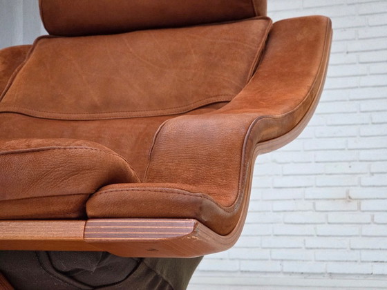 Image 1 of Anni '80, poltrona girevole svedese, pelle nabuk, tela, legno di faggio curvato.