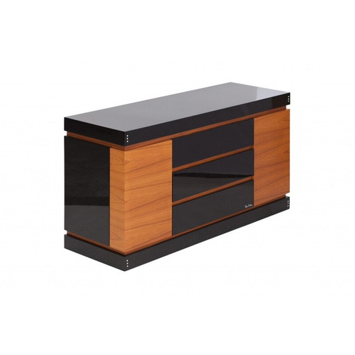 Black lacquered wood and teak vintage storage cabinet by Pierre Cardin, 1970