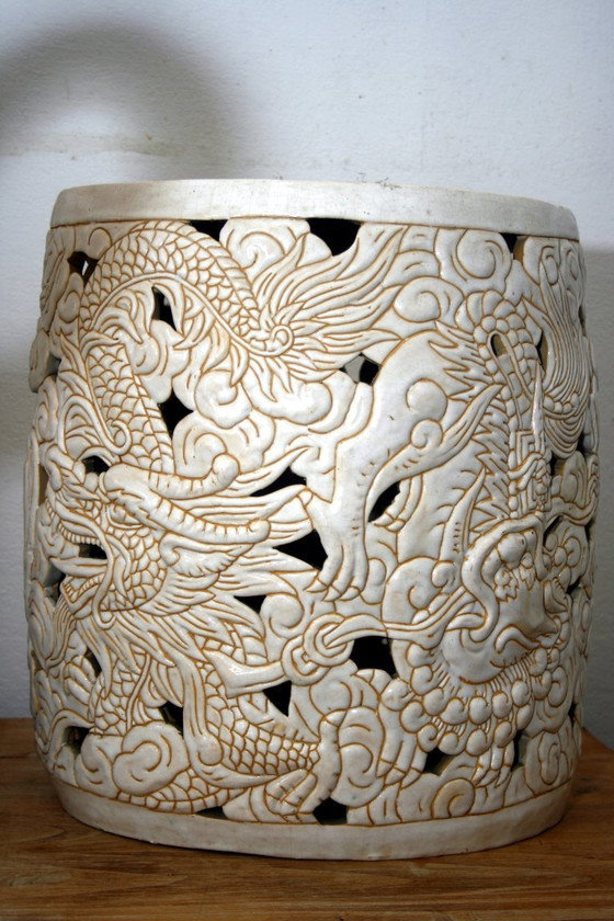 Sgabello/tavolino da giardino vintage in ceramica cinese – Traforato con drago, fenice e tartaruga – Sgabelli (photo 2 of 7)