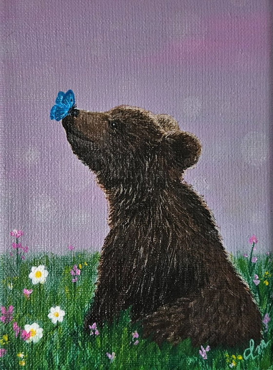 Image 1 of Handmade acrylic painting of a baby bear with a butterfly on its nose