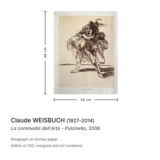 Claude WEISBUCH La commedia dell'Arte - Pulcinella lithograph 2006