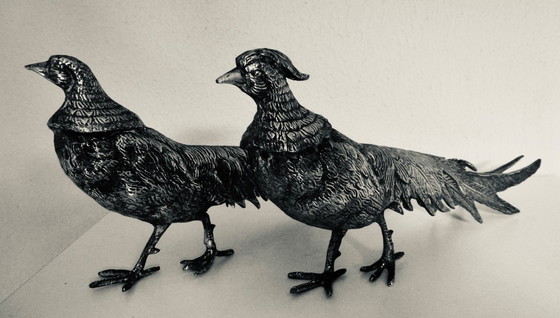 Image 1 of Magnifique paire de faisans en bronze argenté. Vintage - années 1950.