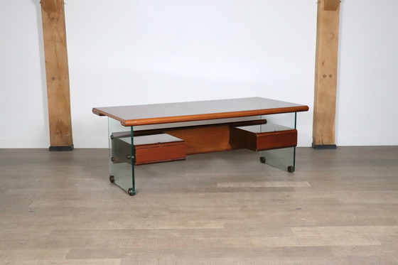 Image 1 of Directors Desk In Glass, Wood And Brass By Tosi, Italy 1960S