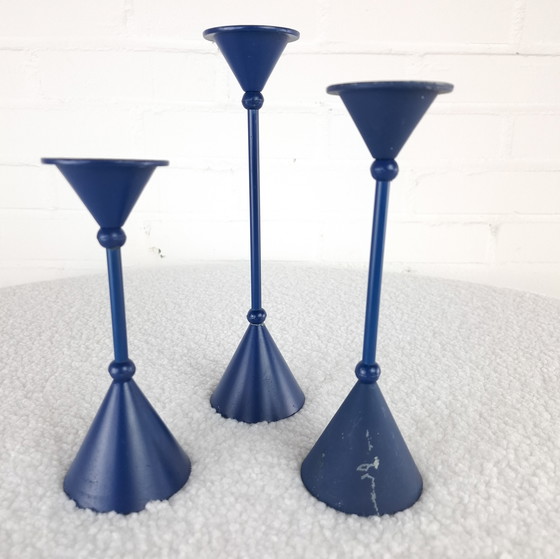 Image 1 of Set di 3 candelieri diabolo Memphis Milano anni '80 blu
