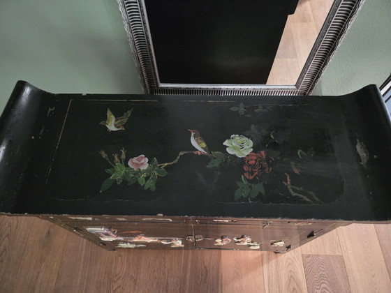 Antique Chinese Cabinet with Paintings and Soapstone – Sideboard, Wood (photo 10 of 15)