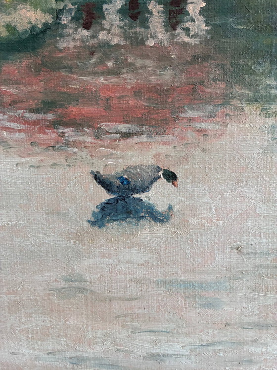 Image 1 of Peinture à l'huile originale vintage représentant un paysage, signée, œuvre d'art de ferme