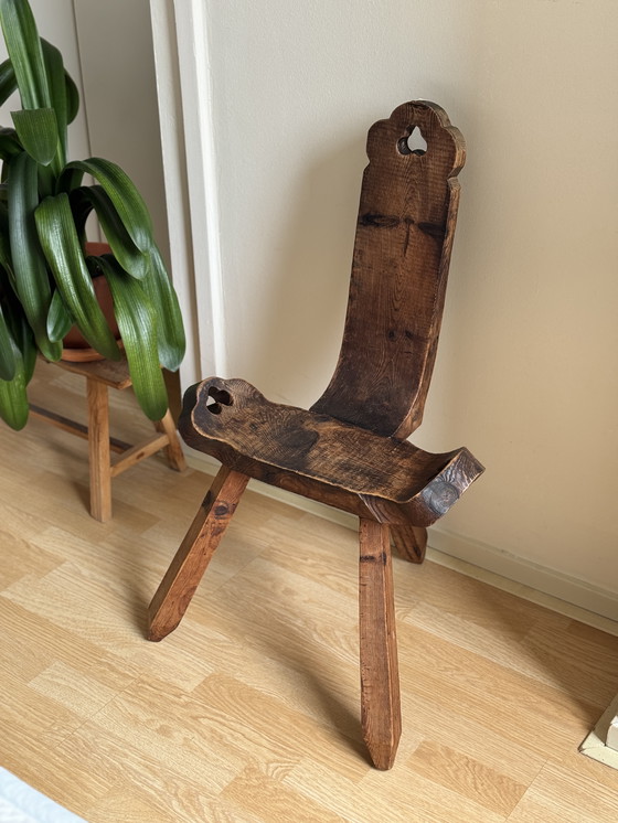 Image 1 of Vintage brutalist wooden tripod stool / side table