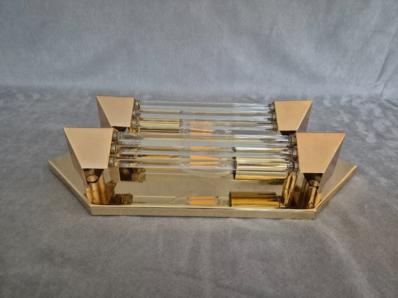 Image 1 of Applique murale Honsel vintage années 1980 – Métal doré, diffuseurs en verre, 2×E14