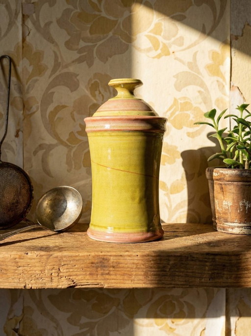 Barattolo decorativo per spezie in gres smaltato bicolore vintage, realizzato a mano e firmato.