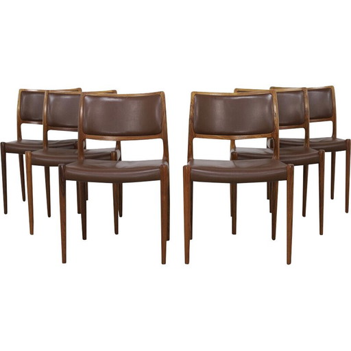 Set of 6 vintage model 80 leather dining chairs by Niels Møller for J.L. Møllers Møbelfabrik, 1960