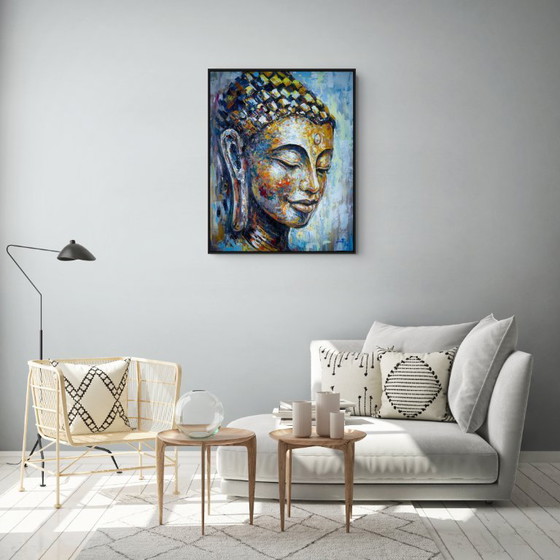 Image 1 of Unique hand-painted Buddha painting "Golden Serenity" – Seksak Jaichumchen – 80 × 100 cm