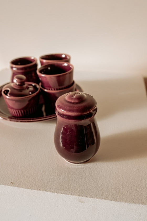 Image 1 of Purple ceramic breakfast set with egg cups and salt and pepper shakers, 1970s