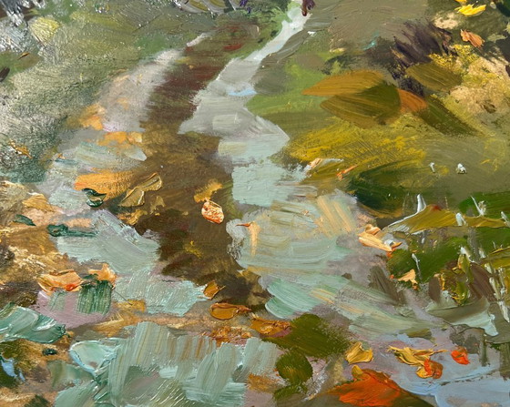 Image 1 of Peinture à l'huile originale Paysage de route d'été Un chemin à travers le silence de la forêt