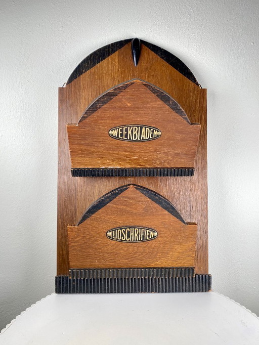 Antiker / Vintage Zeitungsständer - Wandmontierter Papierhalter - 1930er Jahre Holländischer Art Deco Zeitschriften organizer au
