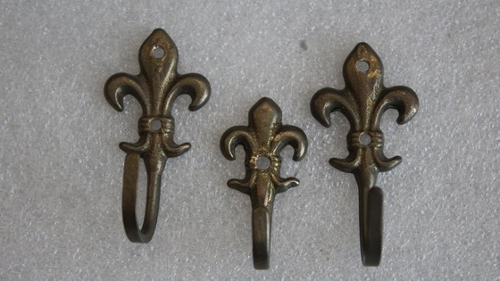 Image 1 of 3 piccoli ganci decorativi, ganci per quadri vintage, porta asciugamani in ottone, giglio araldico