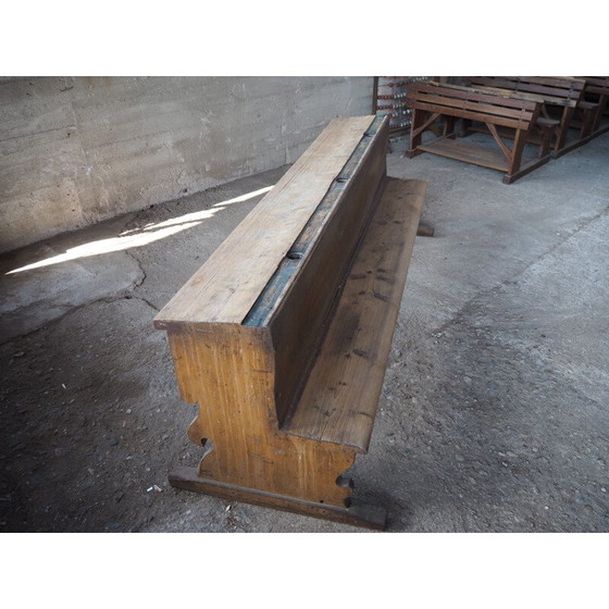 Image 1 of Antique long all-wood school bench with original paint, Czechoslovakia 1930s