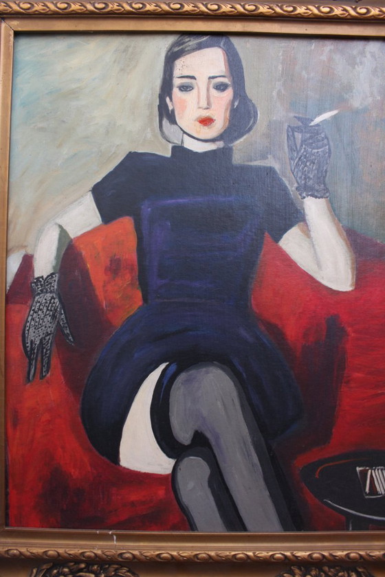 Image 1 of Lady Smoking in Art Nouveau Style, 1950s, Oil Painting, Framed