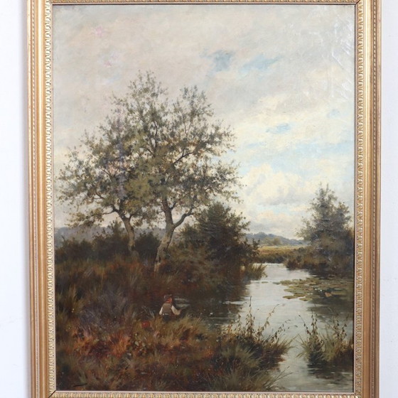 Image 1 of Dipinto ad olio su tela, Paesaggio fluviale, firmato J Paulman, fine XIX secolo.