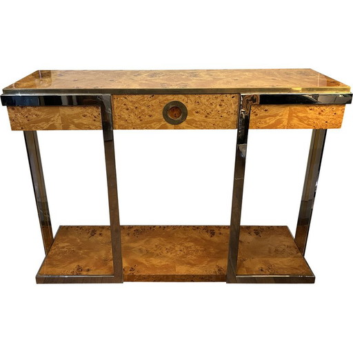 Consolle vintage "Alveo" in radica di olmo e ottone dorato per Mario Sabot, 1970