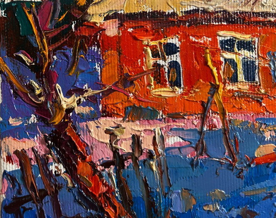 Image 1 of Original Oil Painting Morning House Landscape The last days of winter