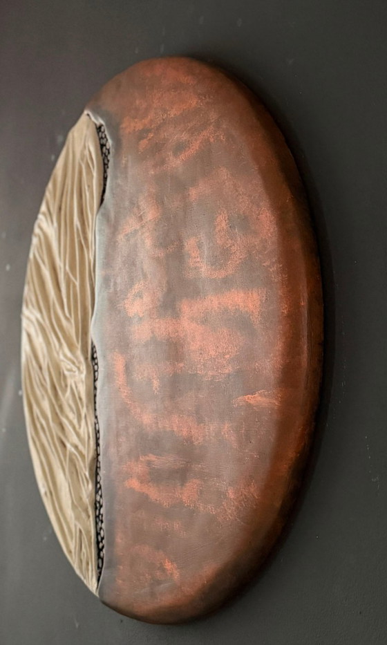 Image 1 of Celestial Duality" - 3D Textured Circle Wall Art, Copper & Plaster Relief Sculpture, Wabi Sabi Round Wall Decor