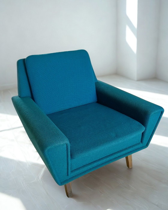 Zeldzame Deense 4-Zits Bank + Fauteuil | Petrol Wol | Jaren '60 – 3-5 zitsbanken, Wool, Wood (photo 8 of 9)