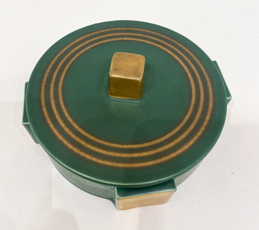 Small Green And Gold Enamel Ceramic Box, Villeroy Et Boch, 1930