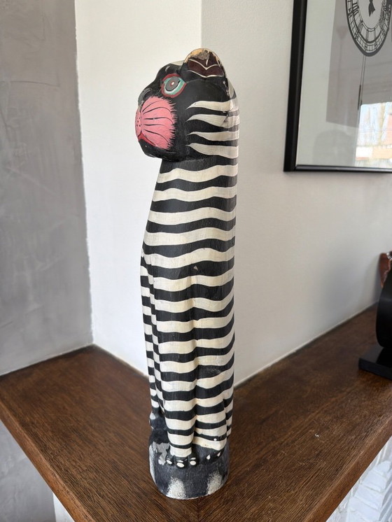 Image 1 of Vintage houten kat zwart wit 46cm hoog