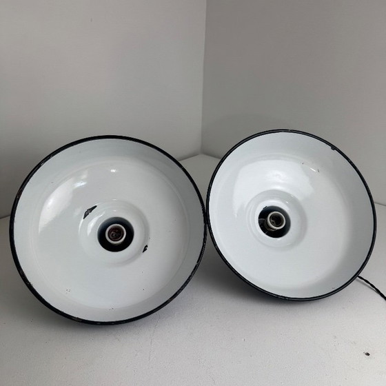 Image 1 of PAIR OF ANTIQUE ENAMELED INDUSTRIAL WORKSHOP PENDANTS
