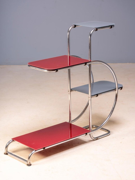 Bauhaus Tubular Steel Plant Stand by Emile Guyot for Thonet, Colored Glass Shelves, 1930s, Czechoslovakia, 90 (photo 4 of 6)